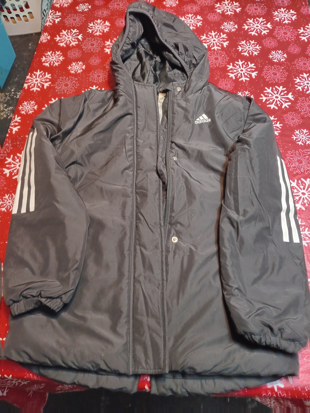 adidas Kids Black Hooded Puffer Coat with White Stripes